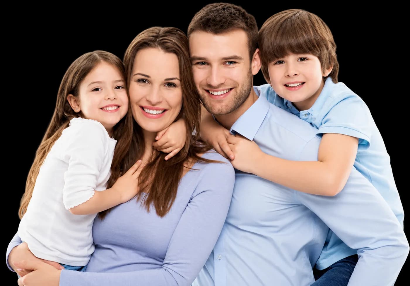 A smiling mother, father and their two children posing together