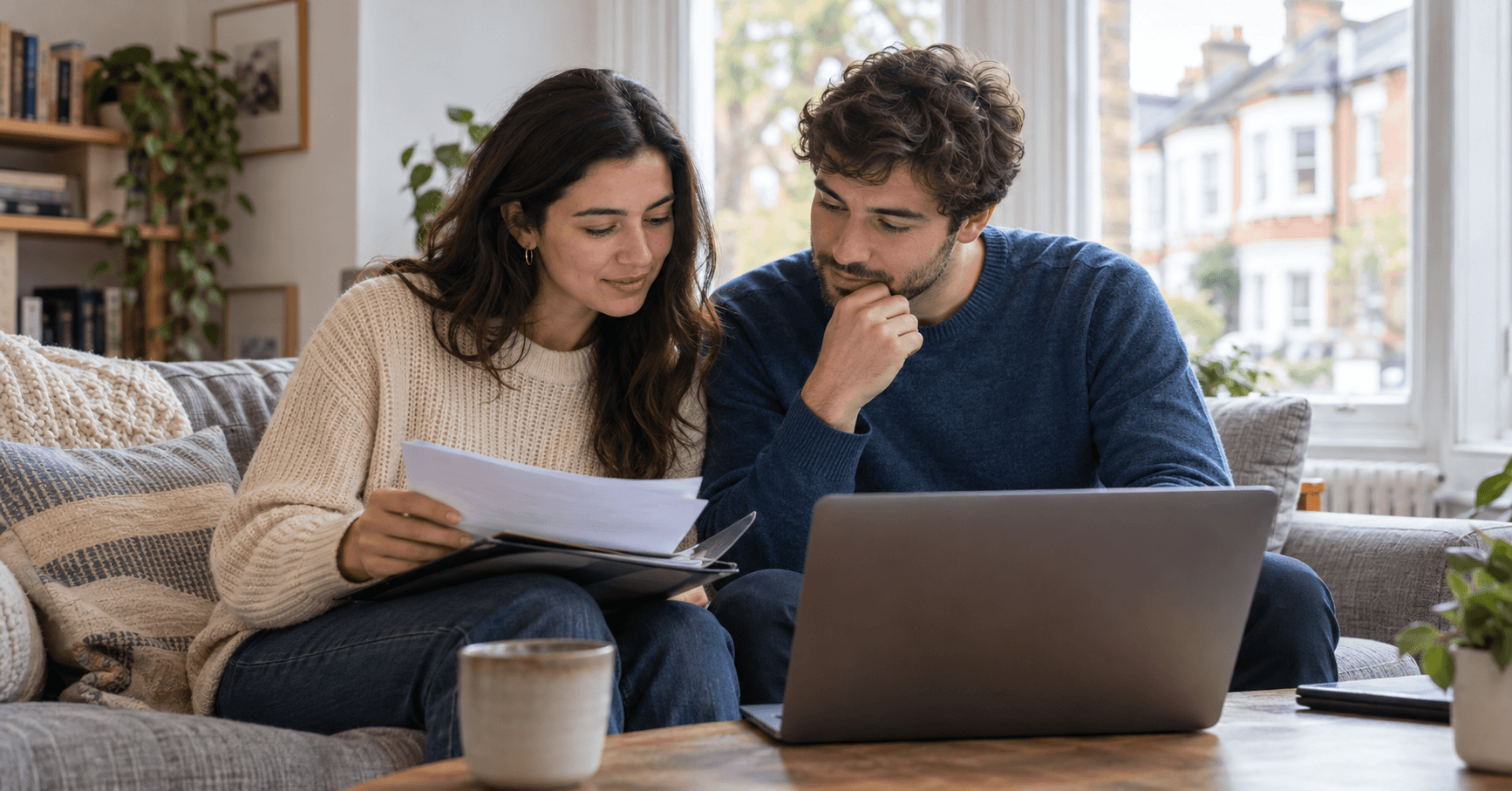 A couple at home reviewing documents and a laptop while preparing for the next step in their family visa application.