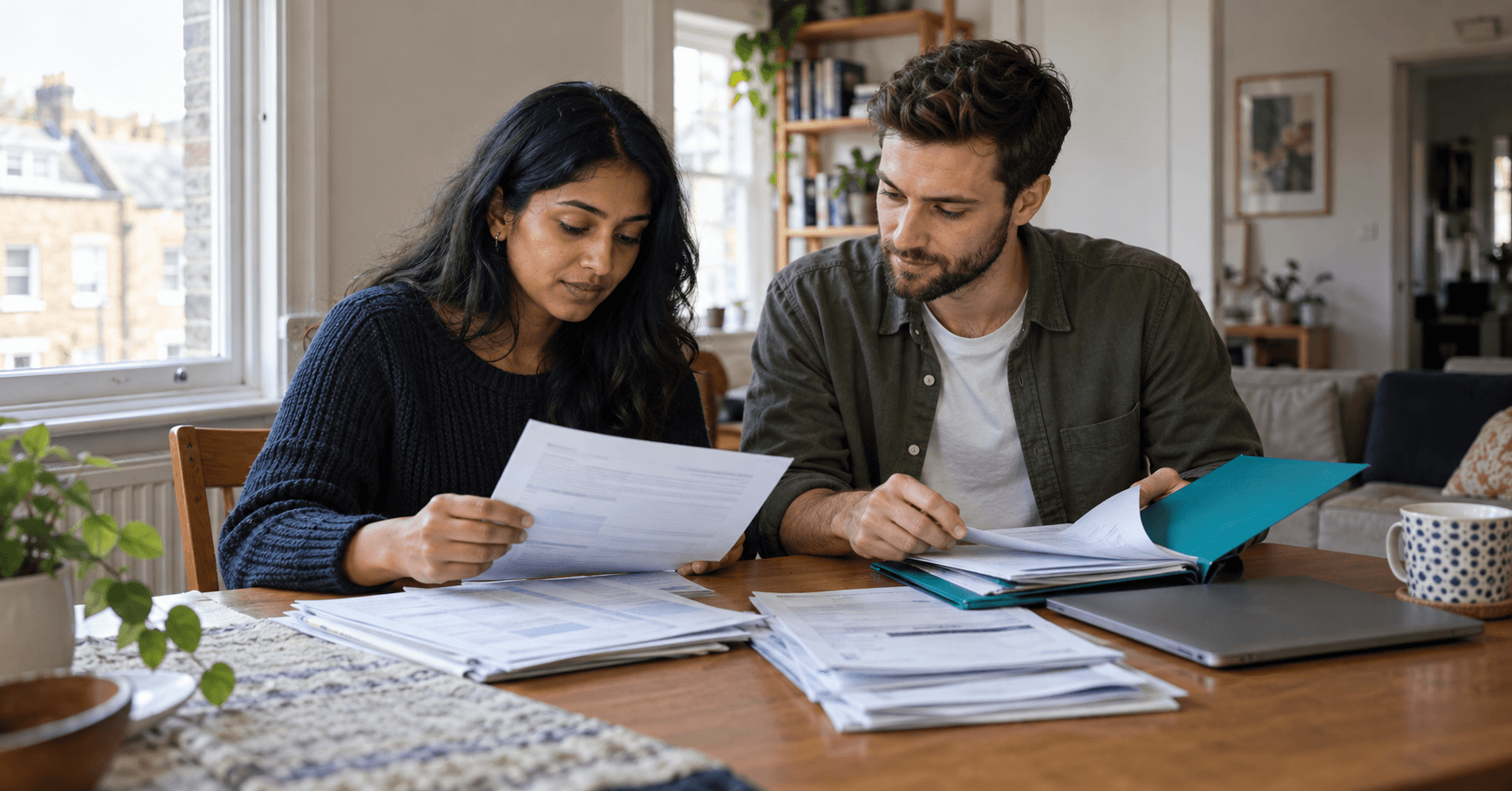 A couple reviewing financial documents at a table with a teal folder in their home.
