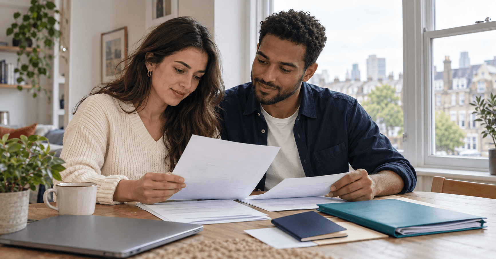 A couple reviewing documents at a table in a London home, with a teal folder and a navy travel booklet.